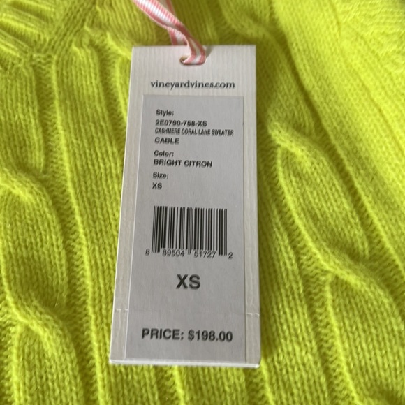 Vineyard Vines Cashmere Coral Lane Cable knit Crew Neck Sweater Bright Citron - Picture 6 of 11